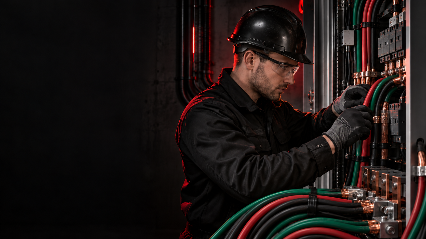 Professional Matro-E electrician inspecting red, green, black, and copper wiring in an electrical panel