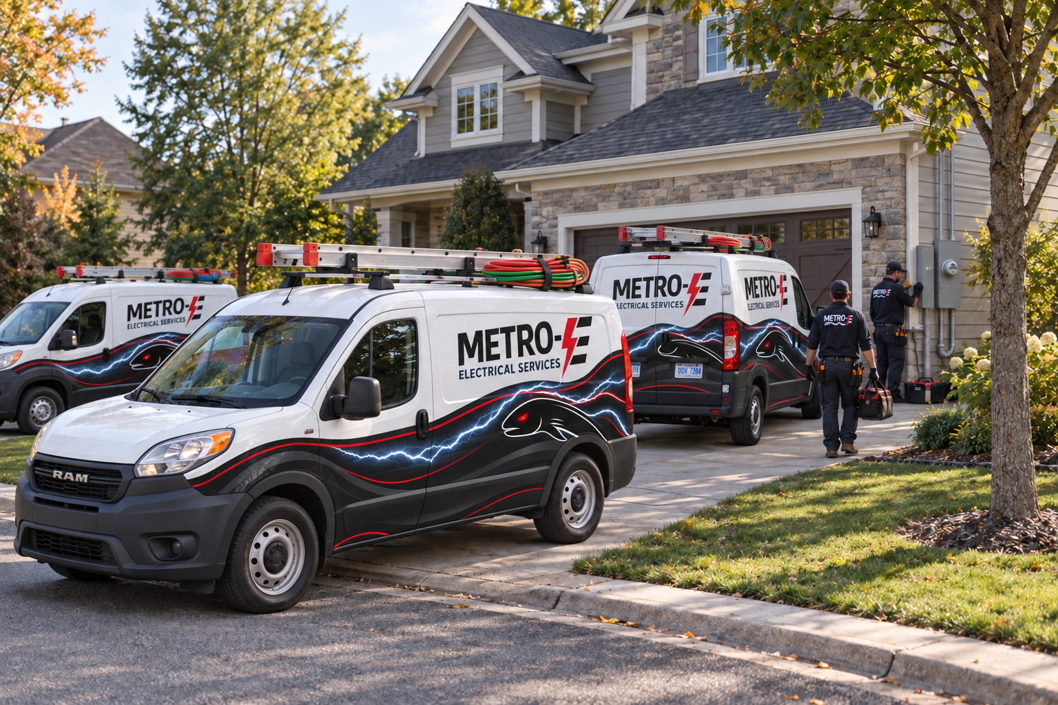 Matro-E service vans and electrical technicians arriving at a residential property